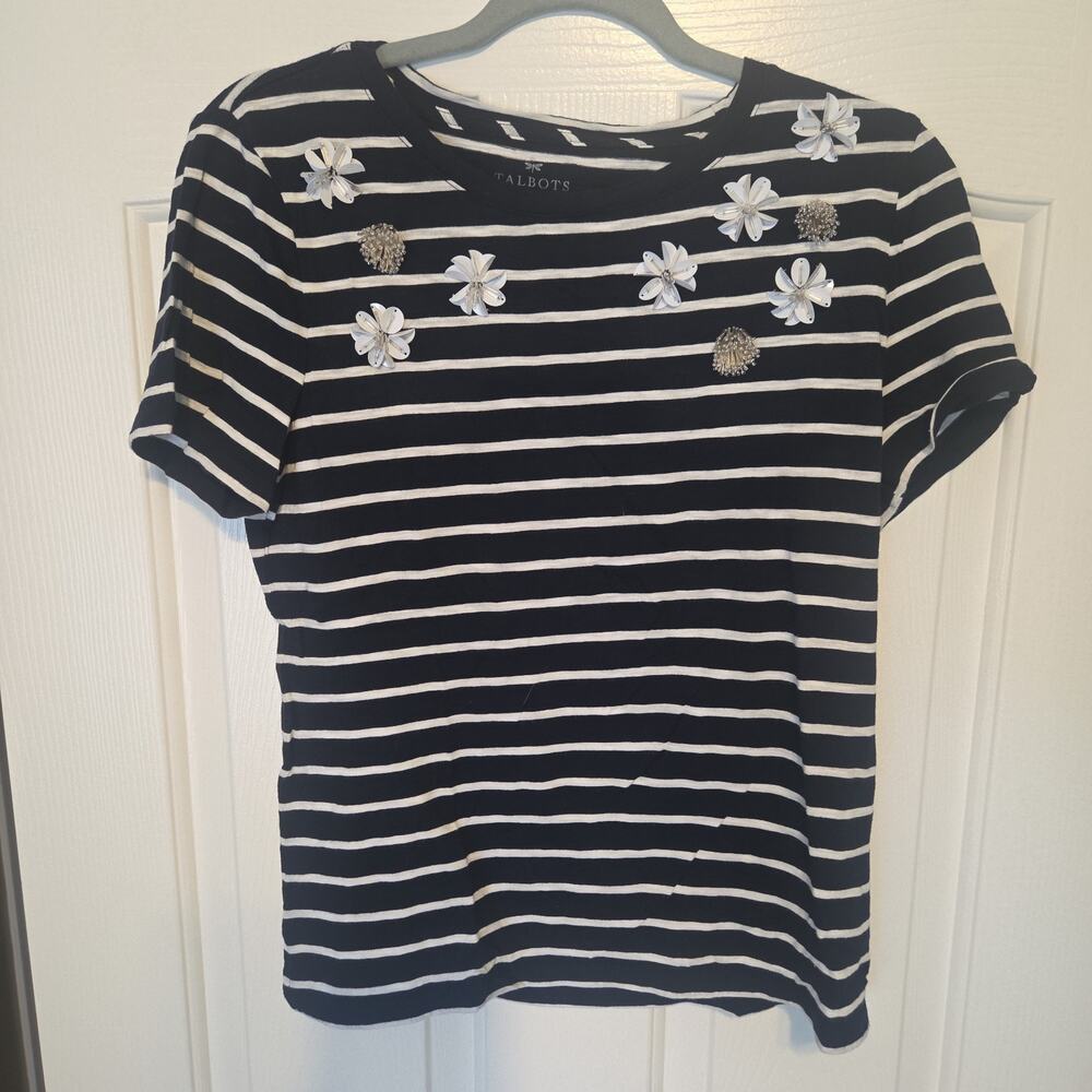 Talbots Women’s MP Navy White Striped Top Beaded Floral Neck Short Sleeve EUC
